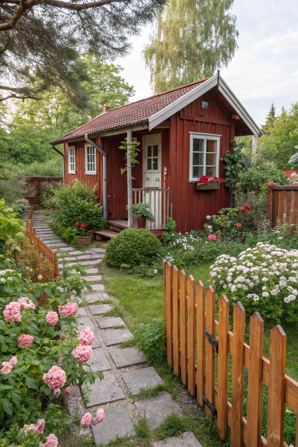 A rustic red summer house, exuding warmth and charm.