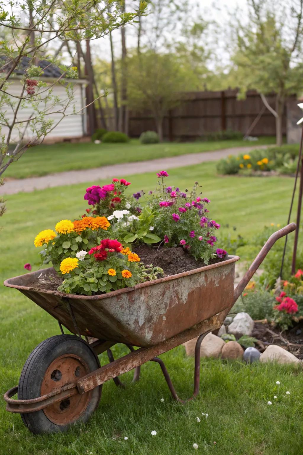 Wheelbarrow planter with colorful flowers