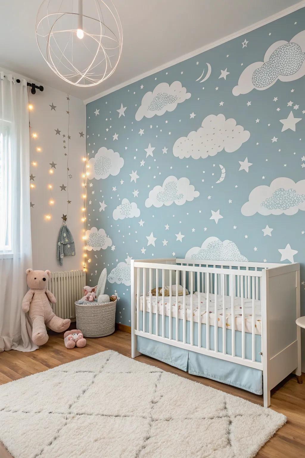 Create an airy space with sky-inspired wallpaper.