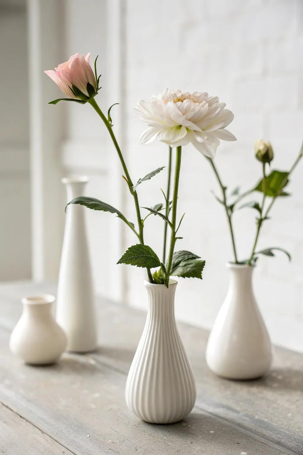 A minimalist centerpiece featuring single stem flower arrangements.