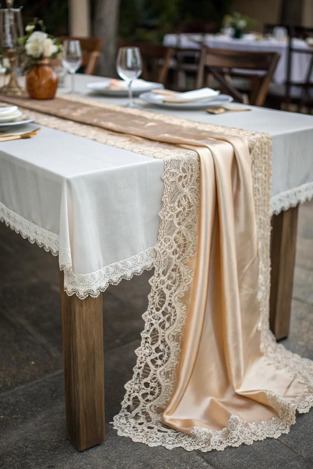 Textured table runner combining various fabrics for a luxe feel.