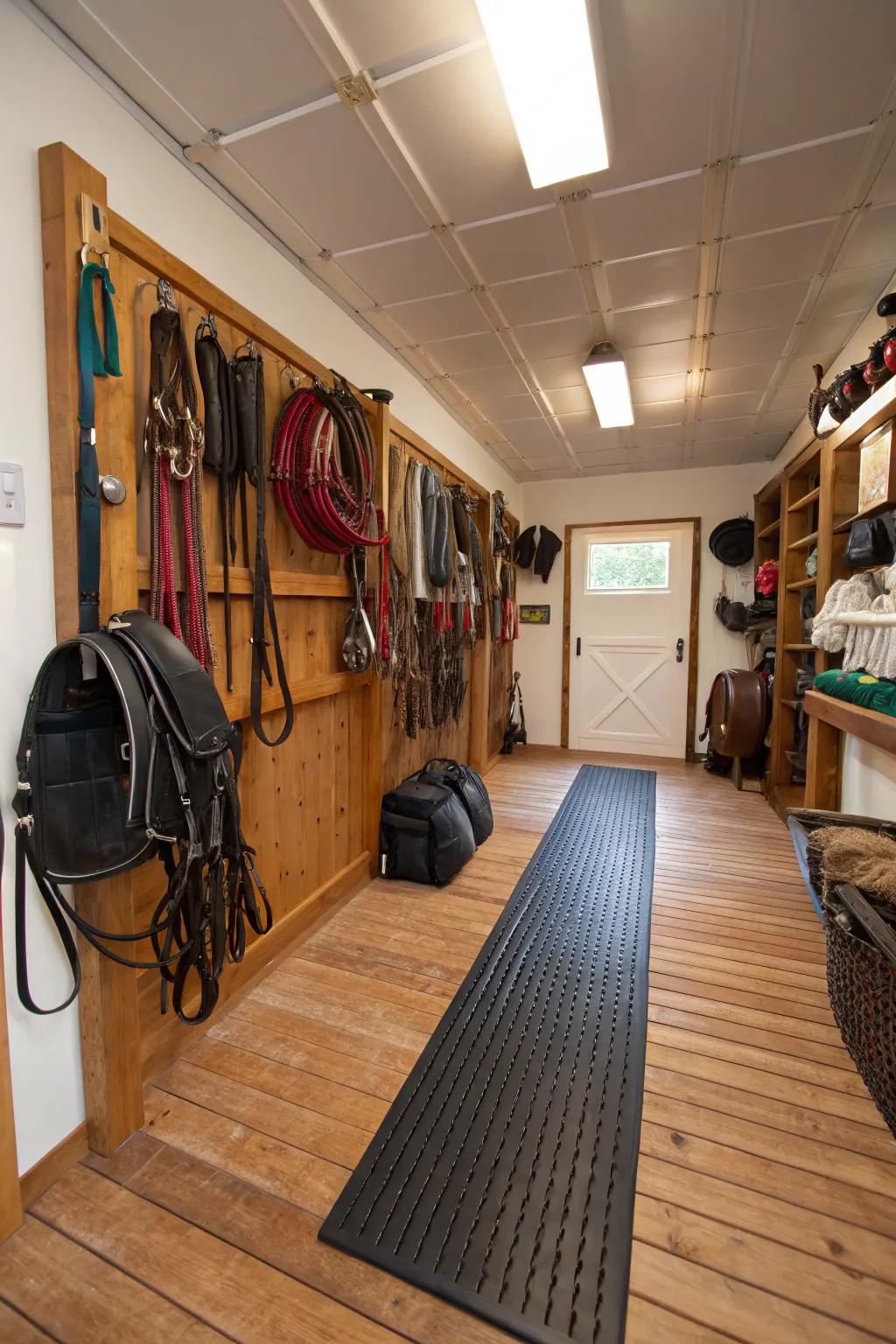 Durable flooring options in a tack room for easy maintenance.