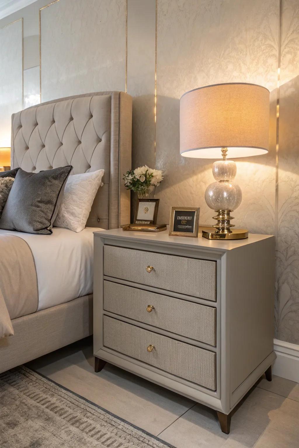 Elegant grey nightstands complementing the taupe theme.