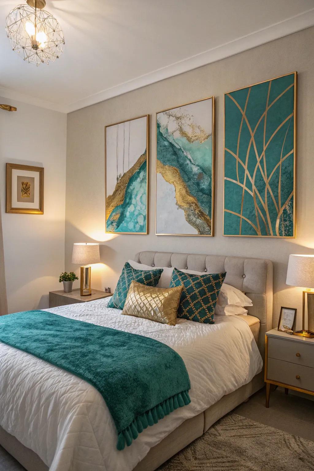 Abstract artwork in teal and gold enhances the creative ambiance of this bedroom.