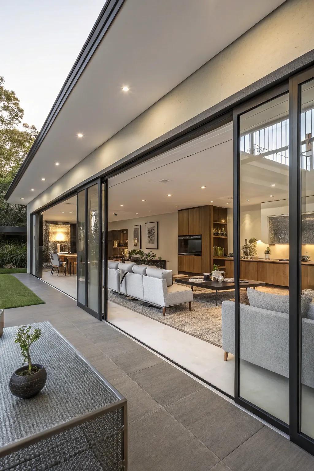 Sleek sliding panels add privacy to an open-plan living space.