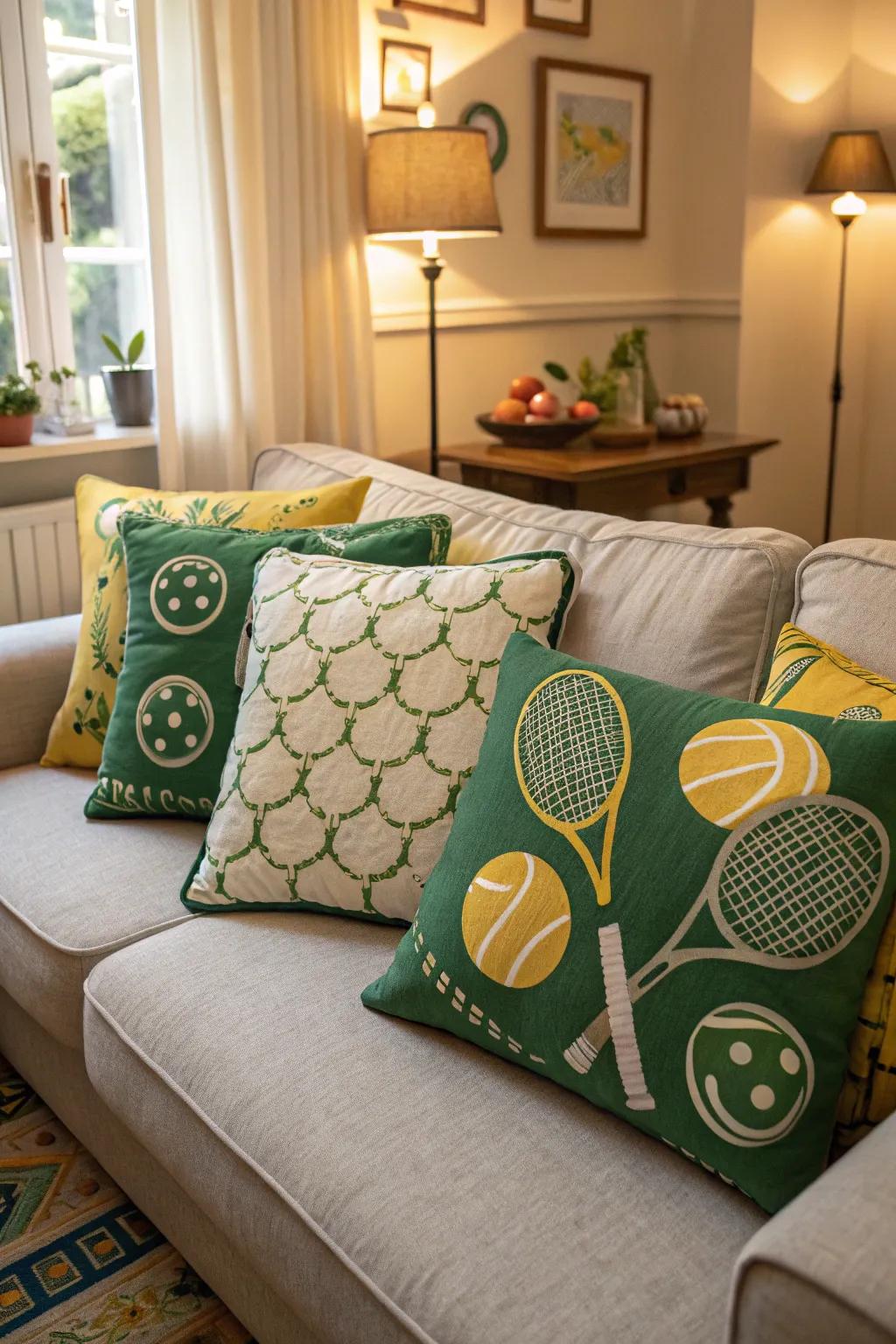 Tennis-themed pillows add comfort and style.