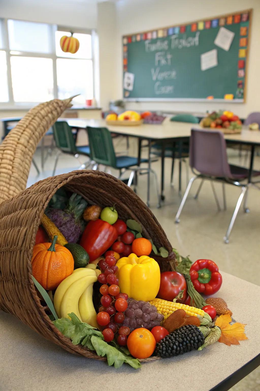 A cornucopia display symbolizes abundance and gratitude.