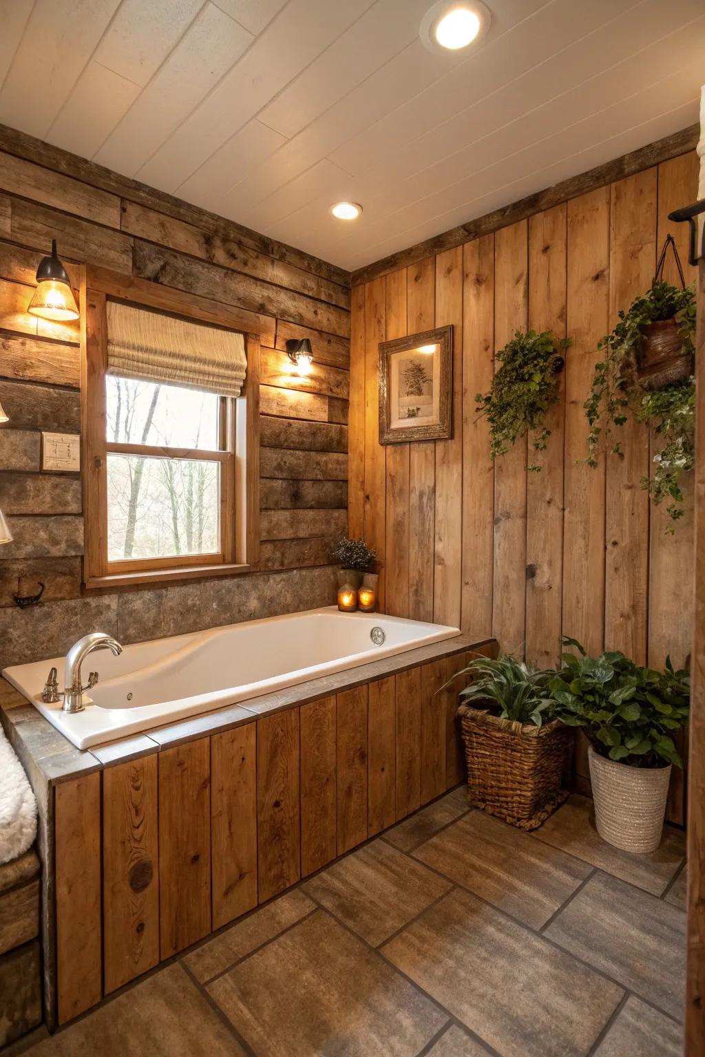 Wood-look tiles offer a rustic charm while being practical for a bathroom.