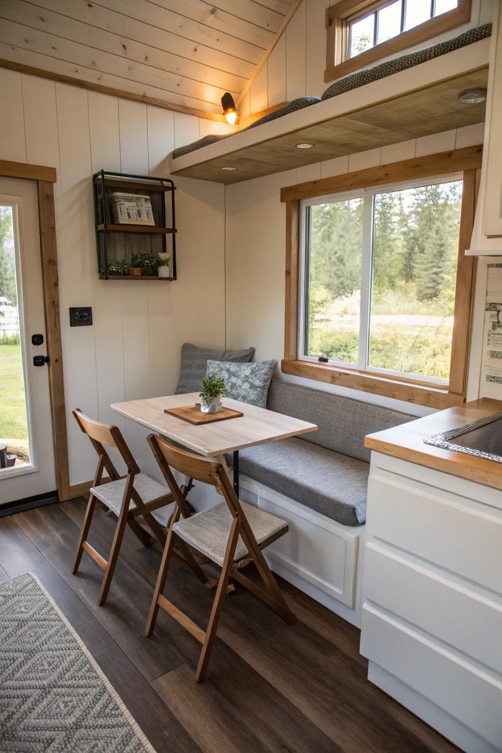 Integrated seating and dining solutions offer versatility in tiny homes.