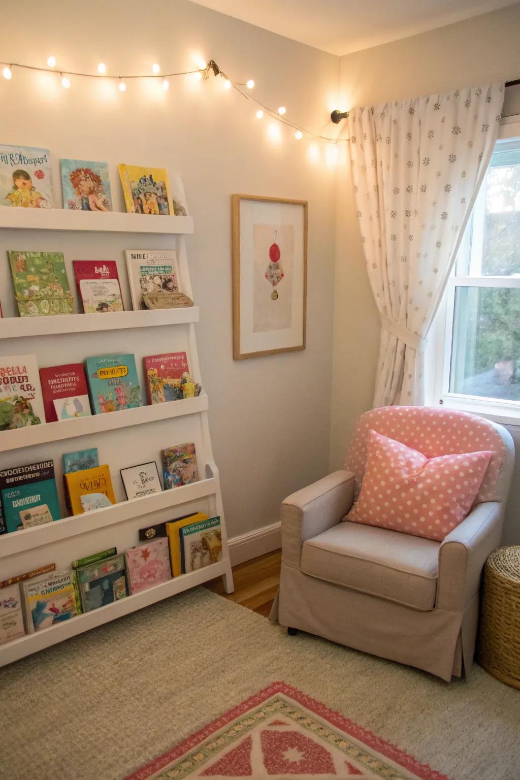 A charming reading nook invites your little one to dive into the world of stories.