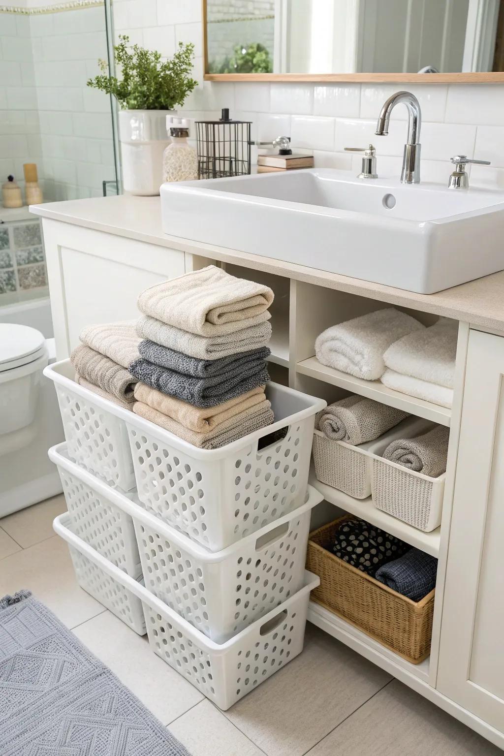 Utilize under-sink space for hidden towel storage.