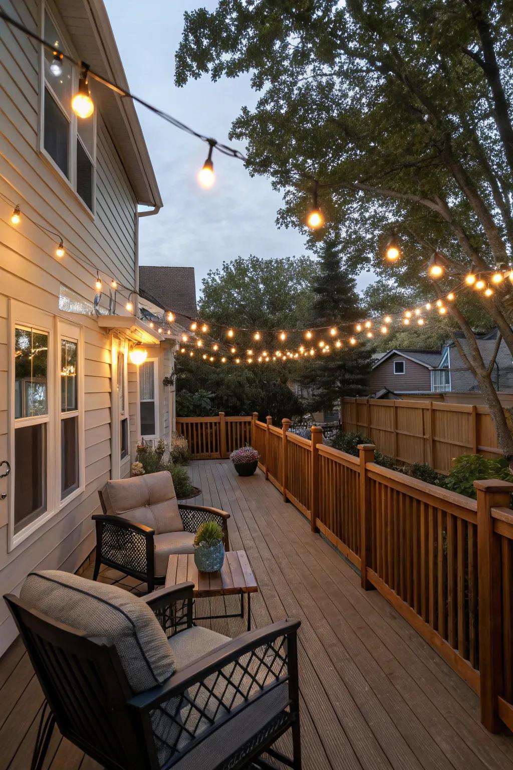 String lights add a charming glow for evenings spent outdoors.