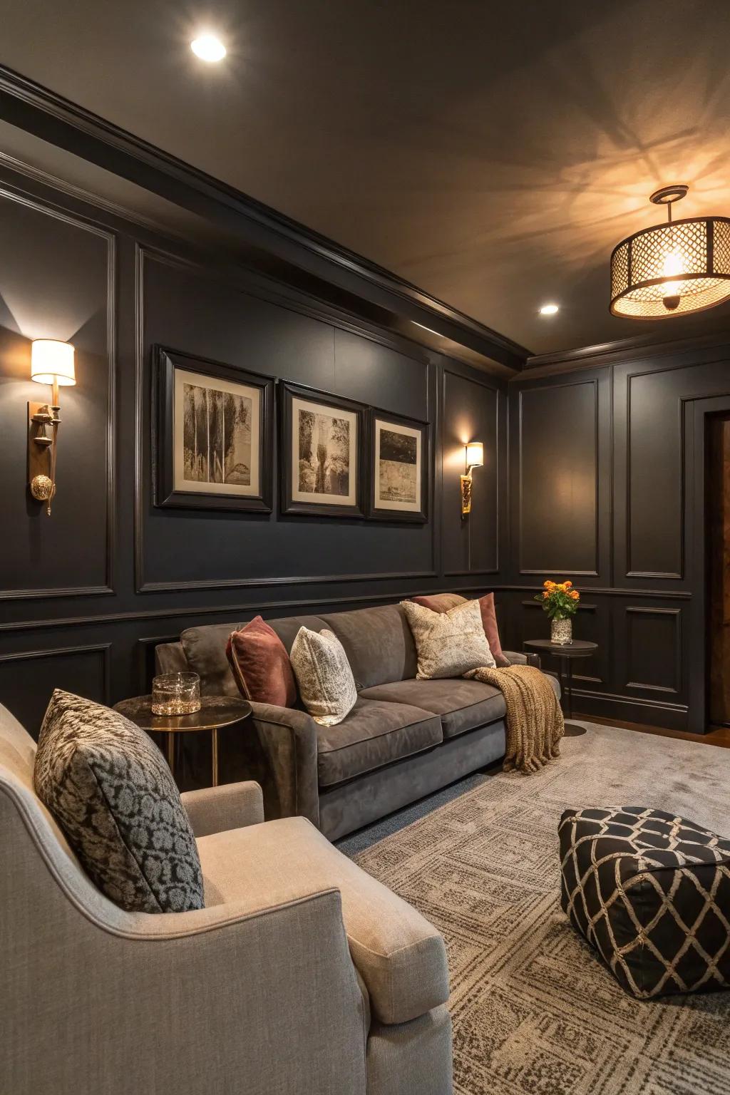 A townhouse den with deep charcoal walls for a dramatic touch.