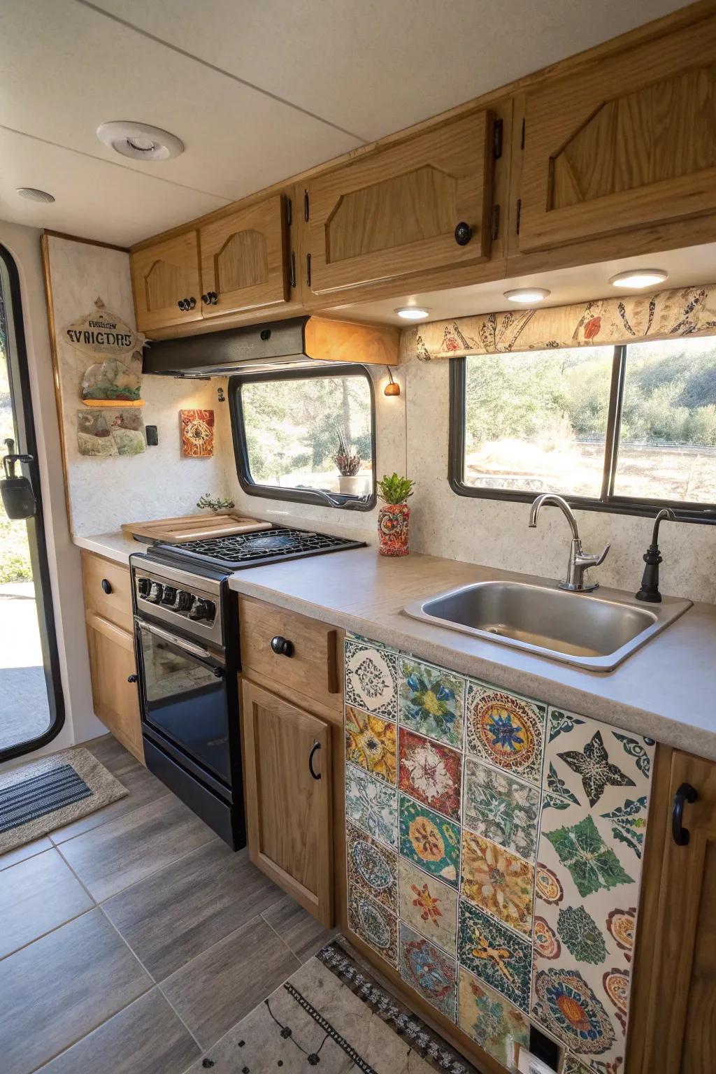 Personalized art on your backsplash adds a unique touch to your RV kitchen.