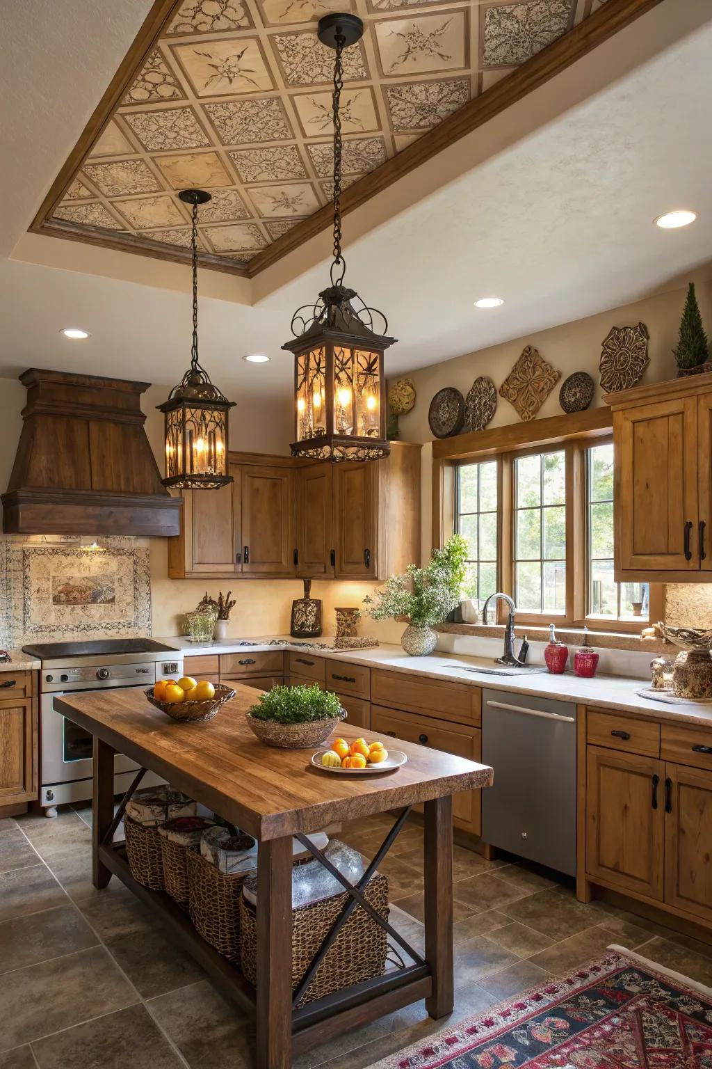 A cozy kitchen featuring eclectic pendant lights in the tray ceiling.