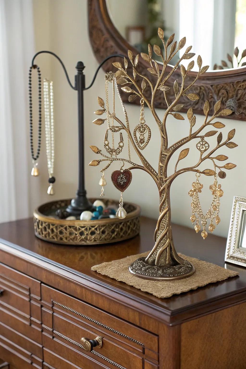 An elegant Tree of Life jewelry stand keeps treasures organized on a dresser.