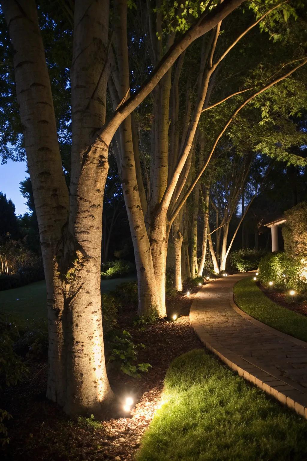 Spike lights create striking shadows on tree trunks.