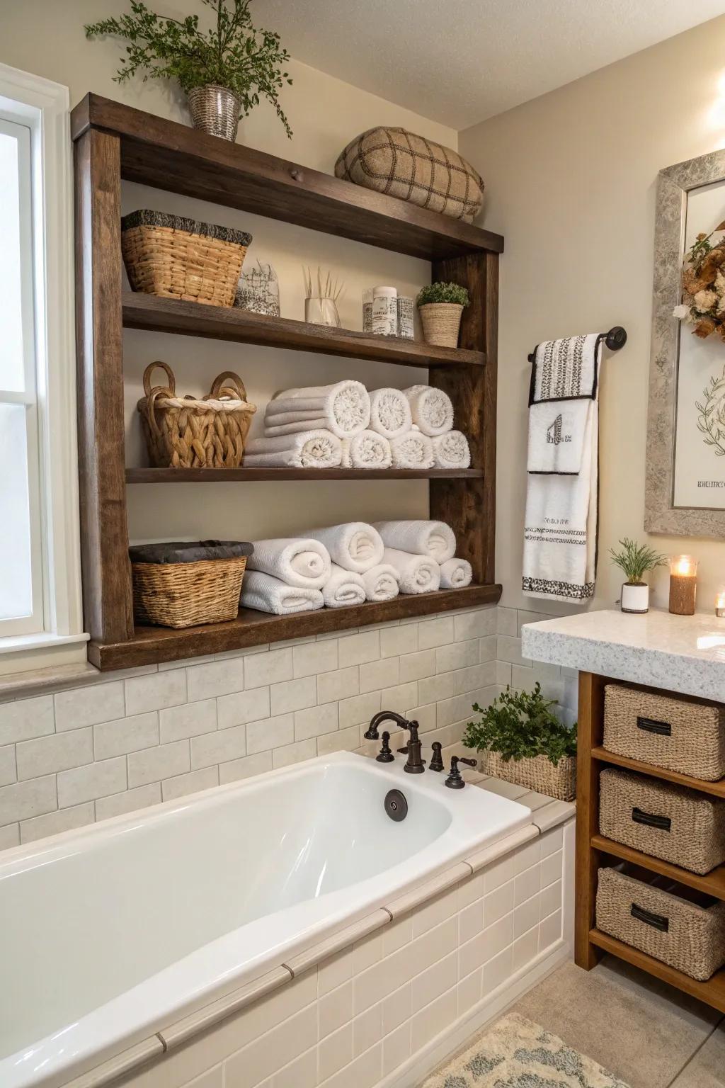 A tub deck with built-in shelving for stylish and practical storage.