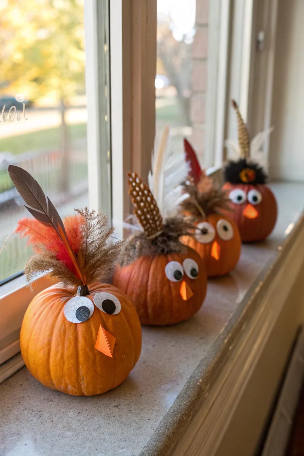 Create a turkey family with mini pumpkins of various sizes.