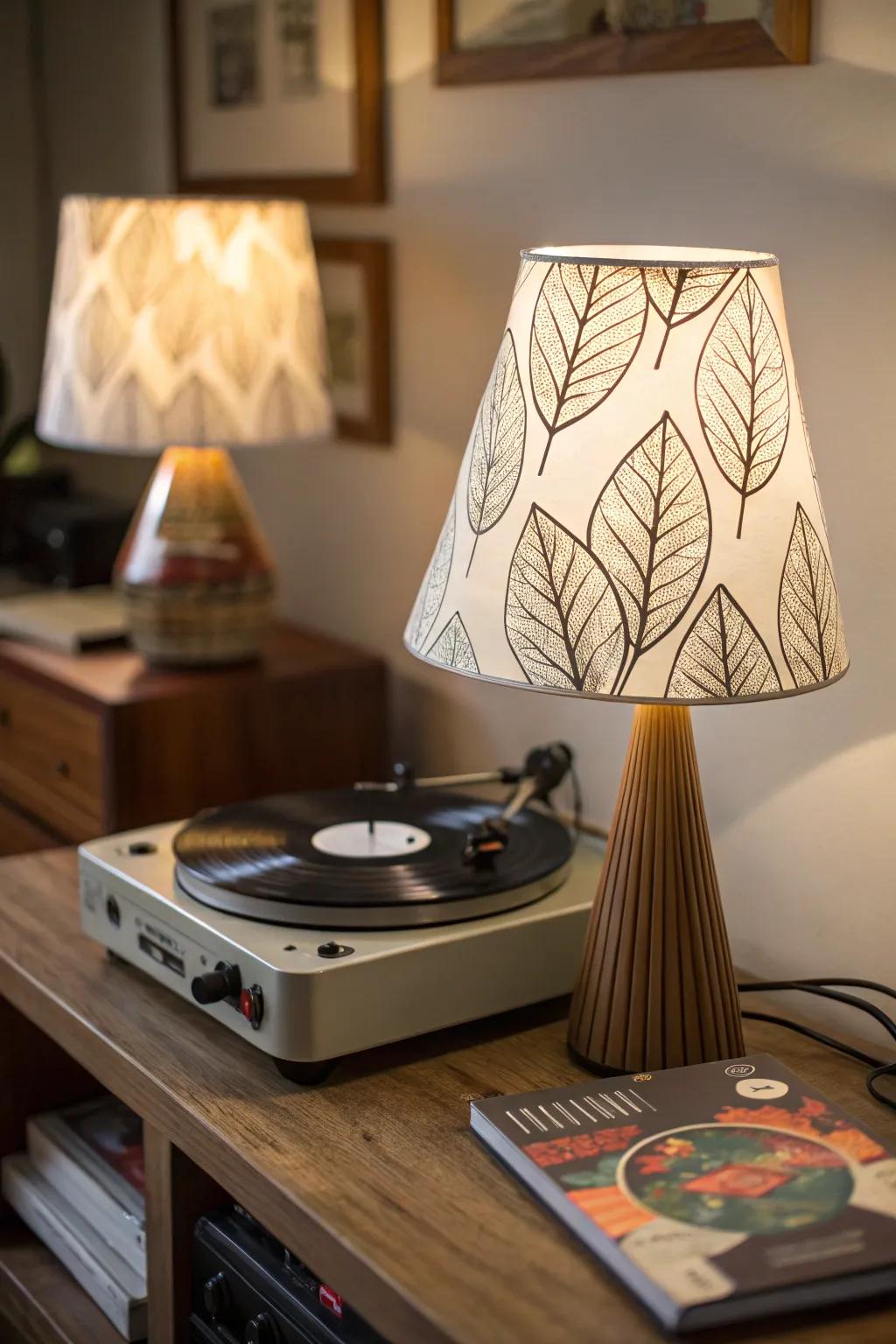 A decorative lamp adding character to a turntable setup.