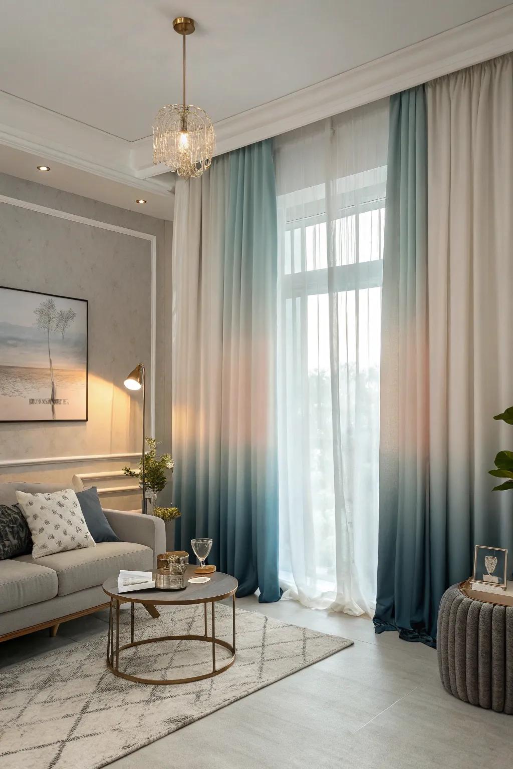 Ombre two tone curtains adding an artistic touch to a living room.