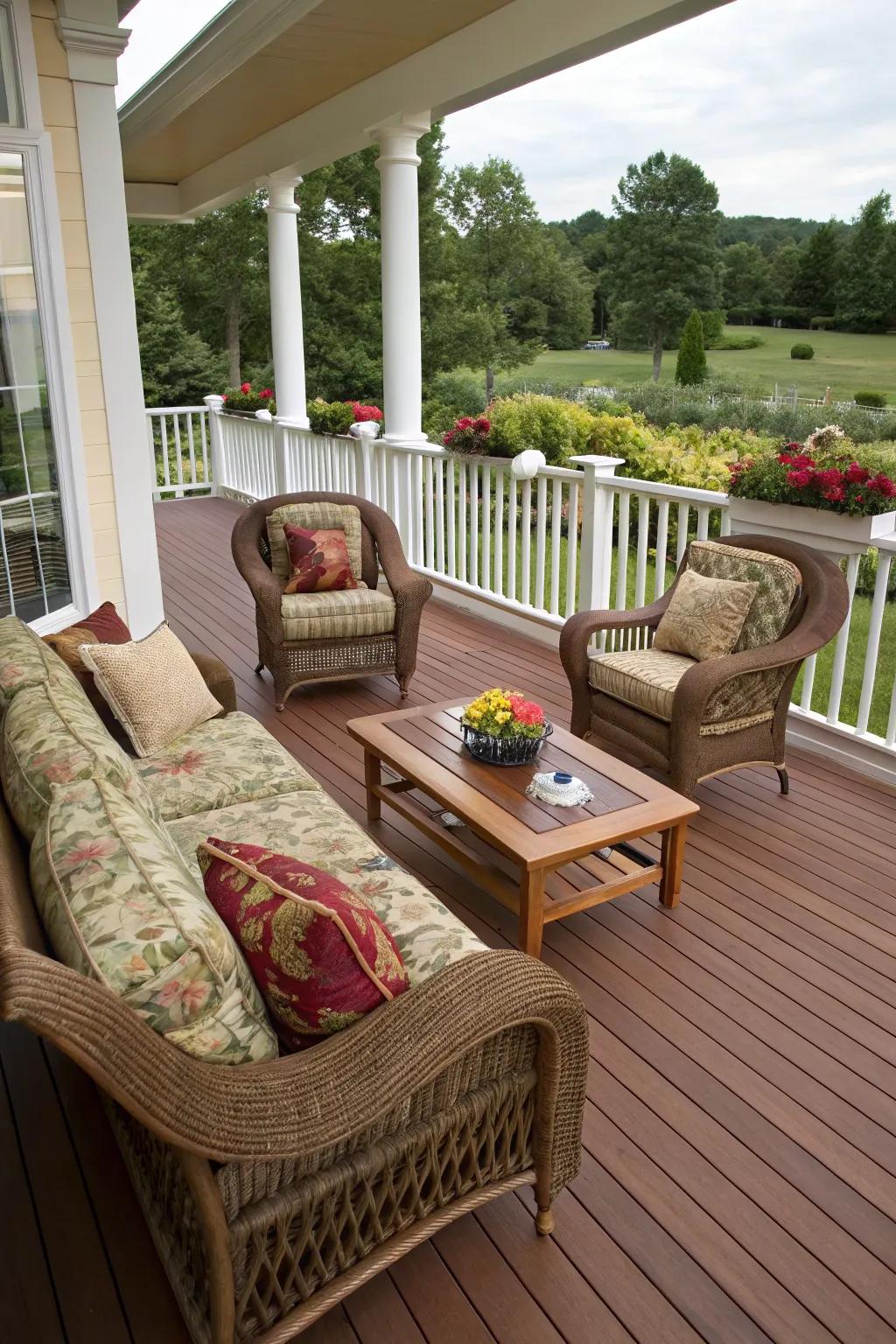 Rich mahogany and cream create a luxurious and sophisticated deck ambiance.