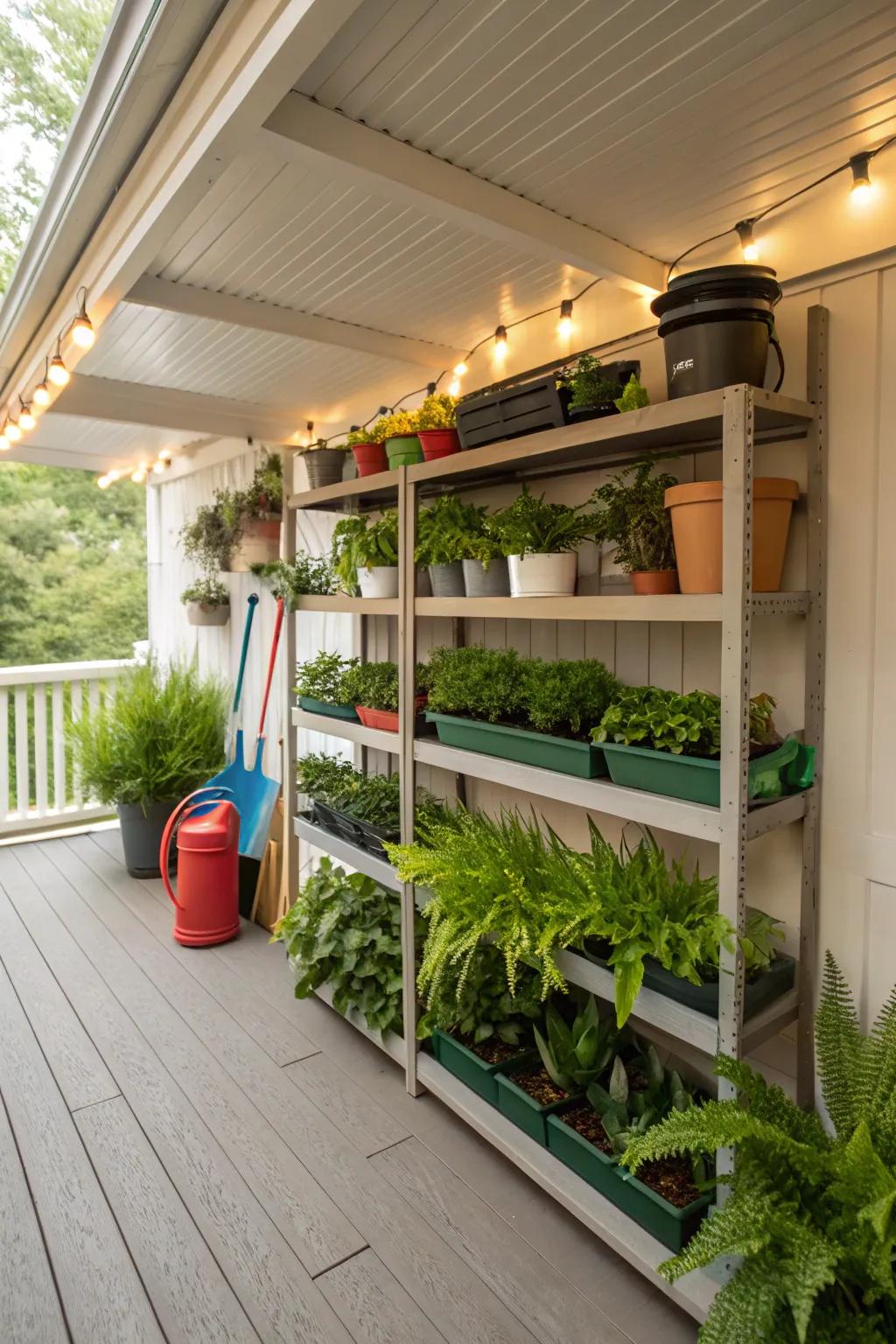 Built-in shelves offer a practical and decorative solution for under deck storage.