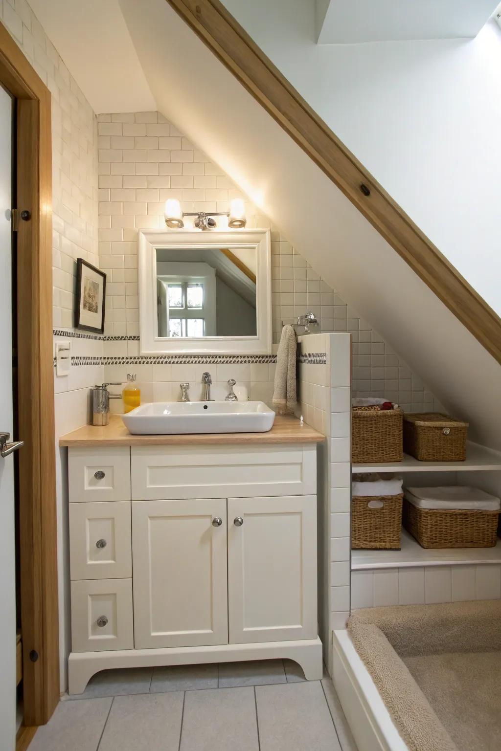 An under-stair bathroom featuring a custom-fit vanity under a sloped ceiling.