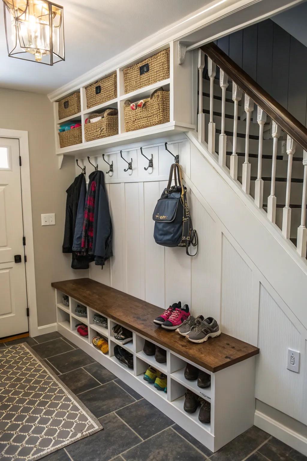 A mudroom under the stairs keeps your entryway clutter-free.