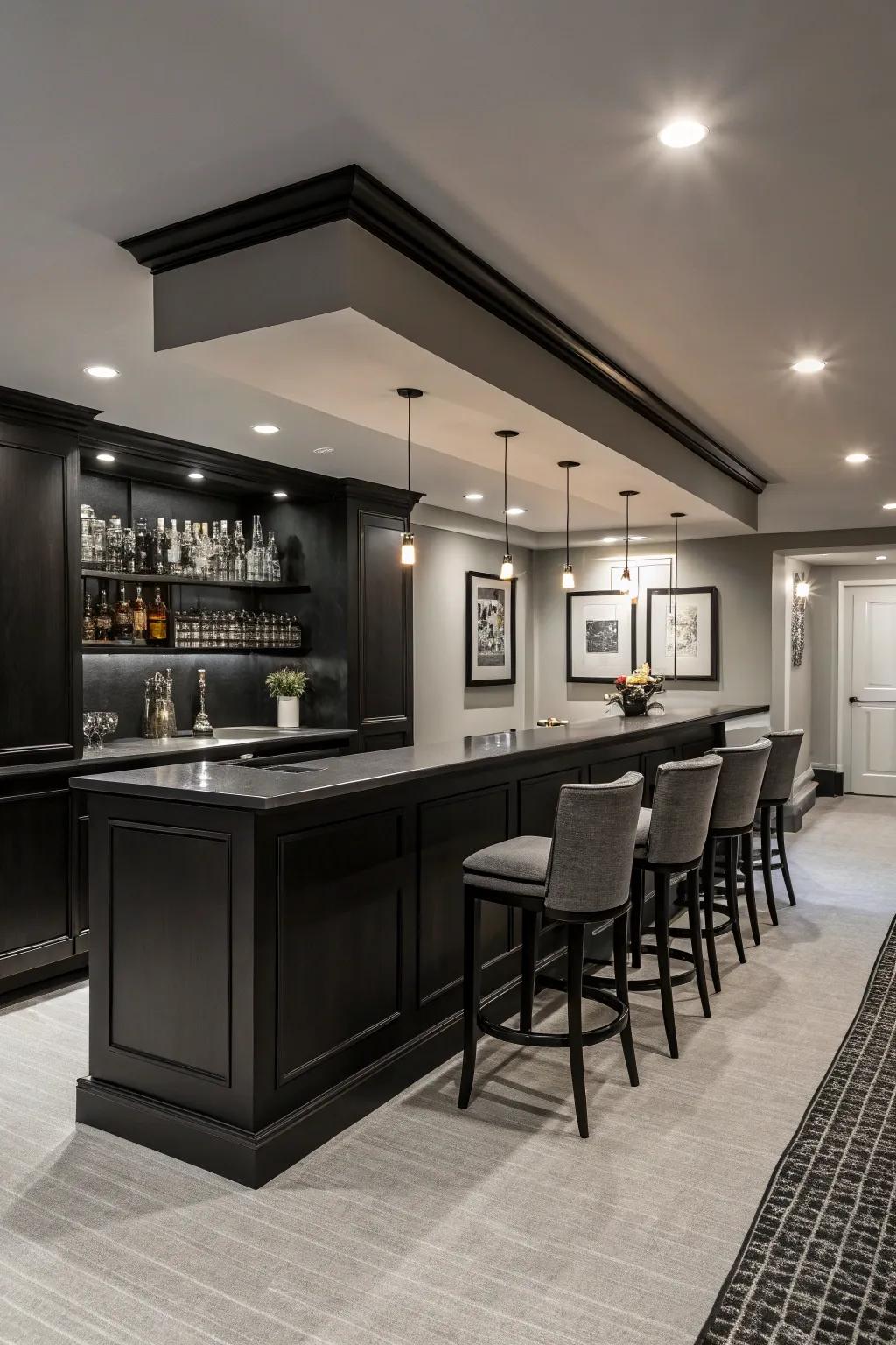 A monochromatic palette creates a sleek, modern bar atmosphere.