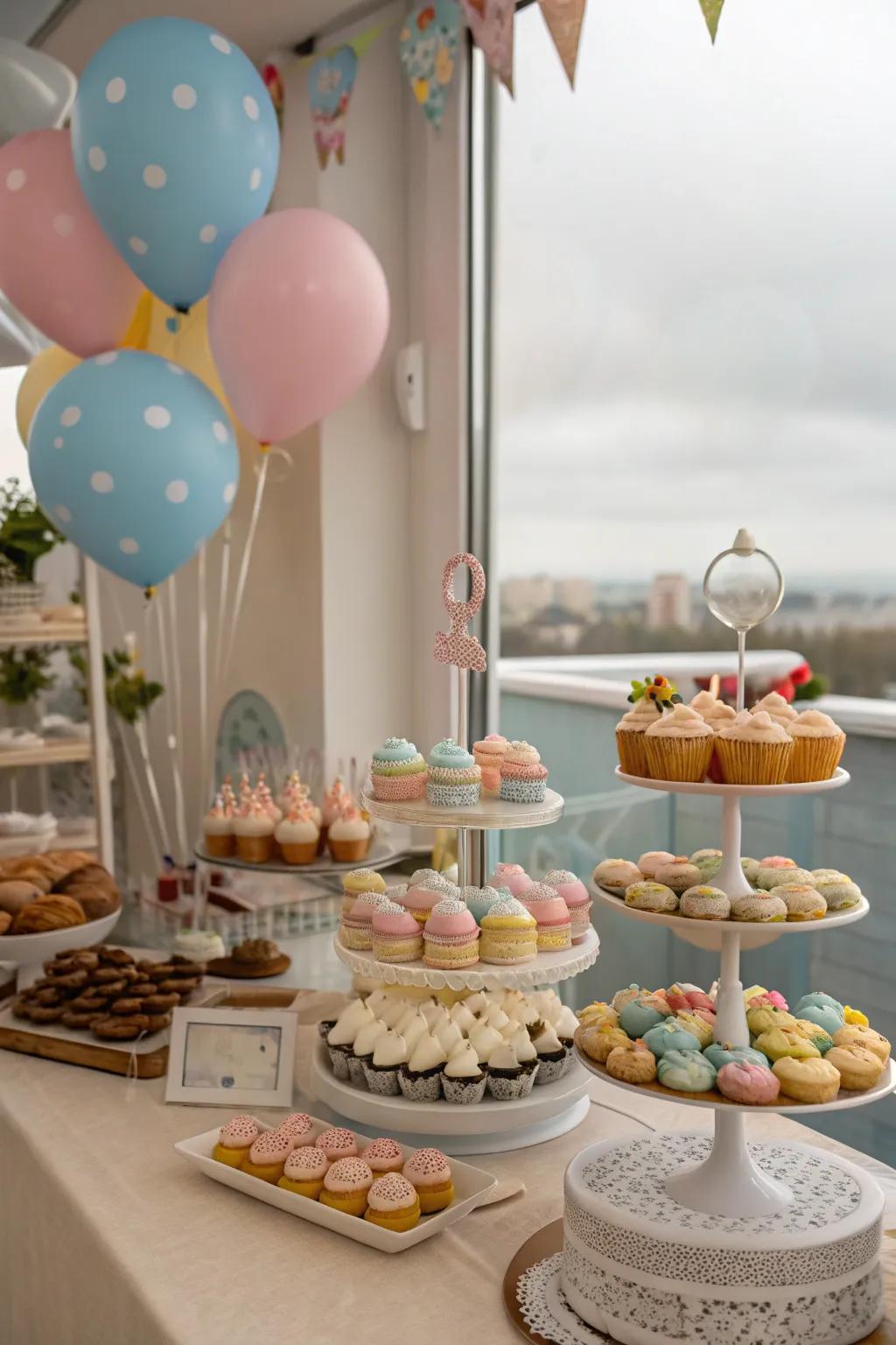 A dessert table with themed treats arranged beautifully on tiered trays.