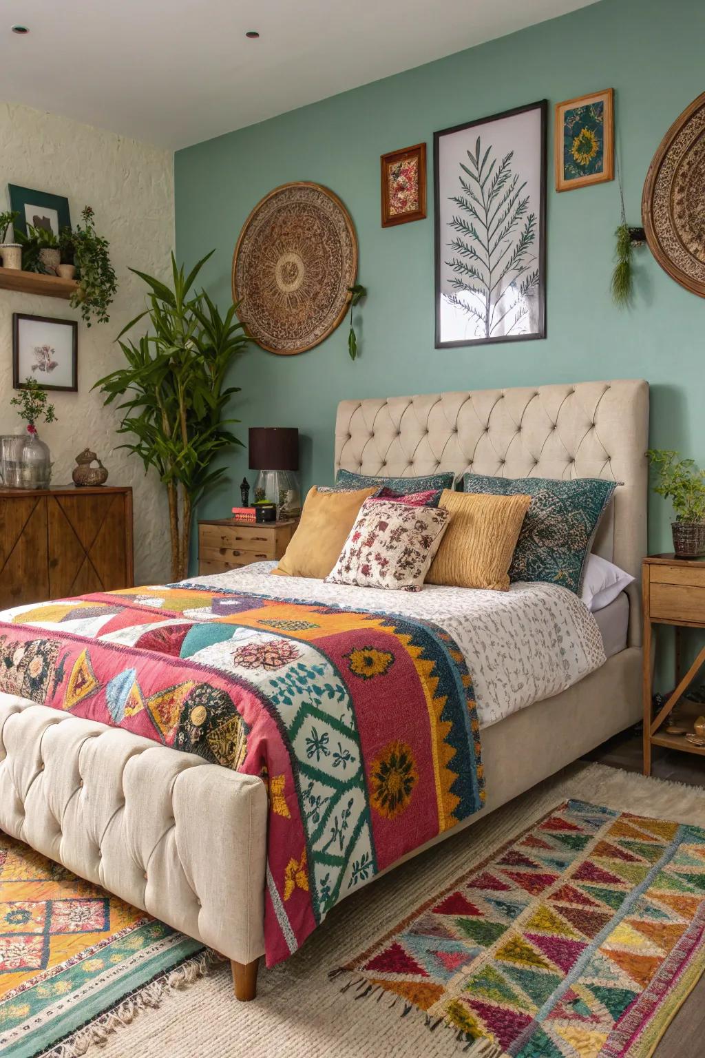 Mixing patterns on this bed brings vibrant personality to the room.