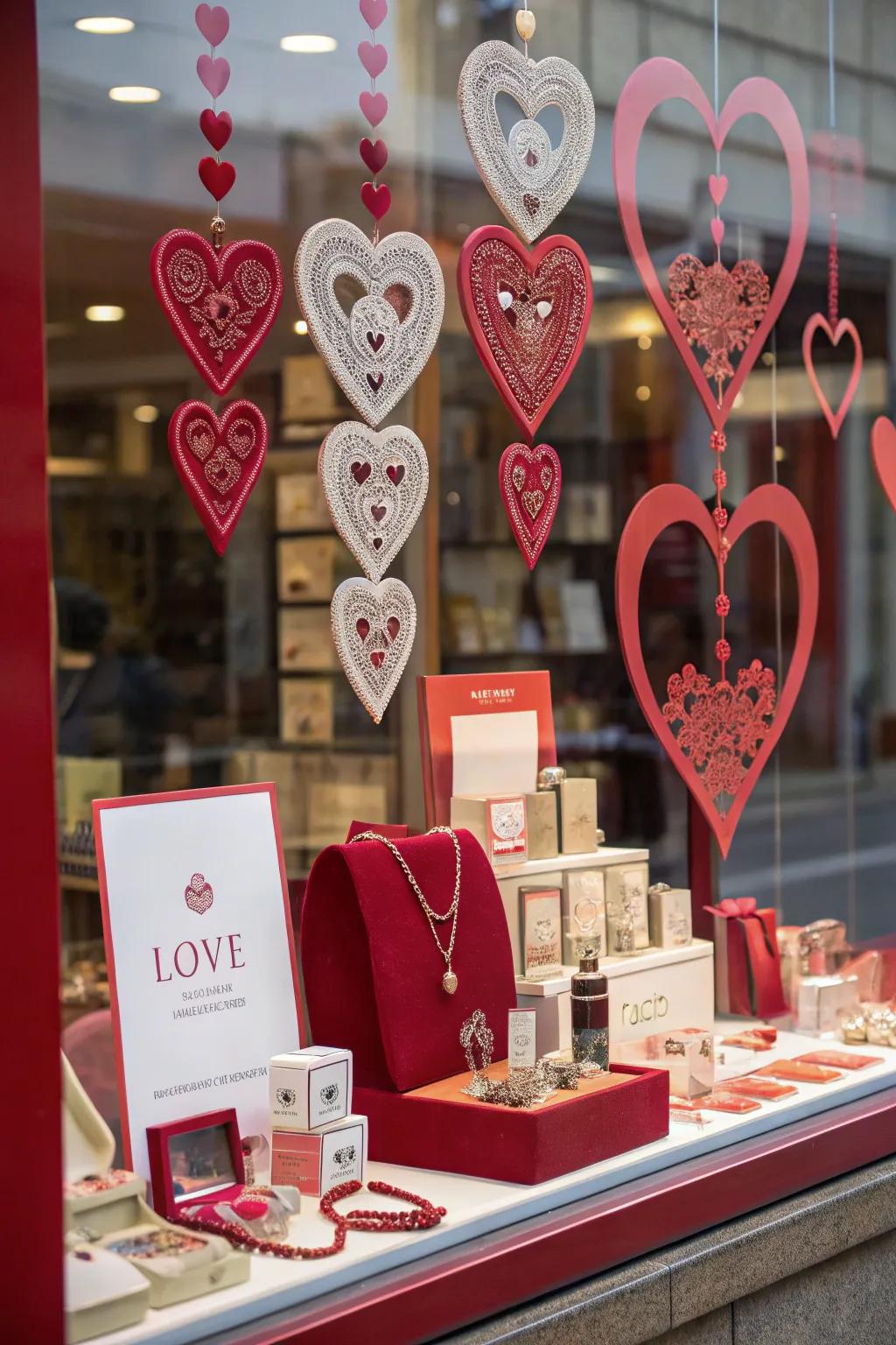 A heartfelt display of Valentine's Day gift items in a store window.