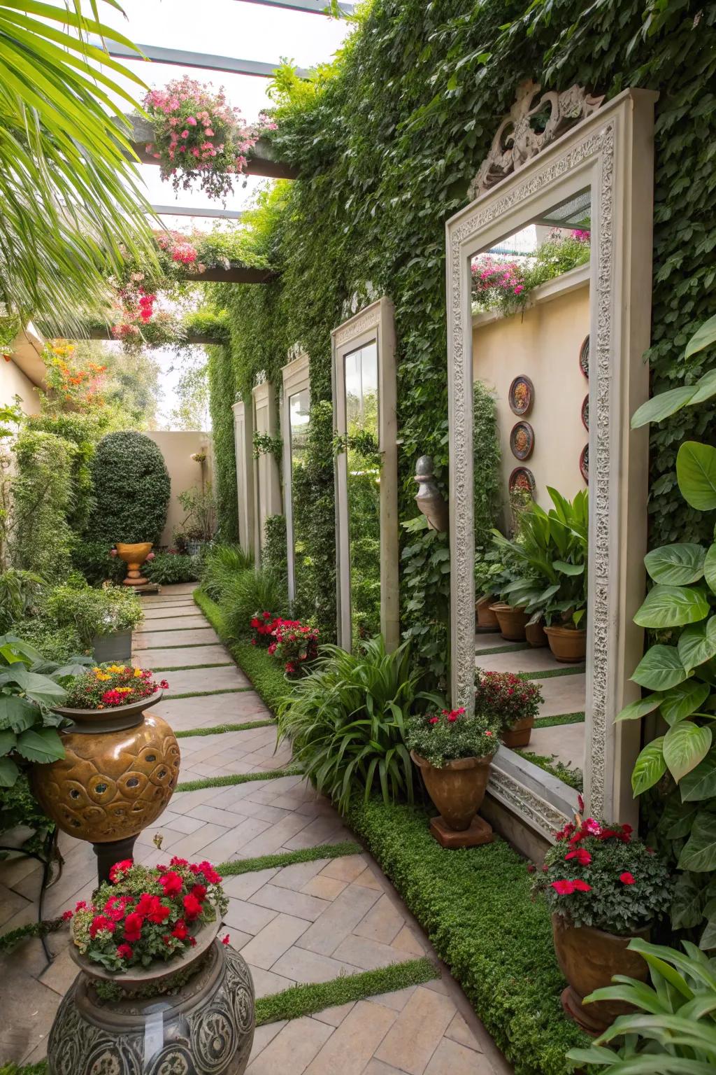 Mirrors and art adding depth to a vertical garden.