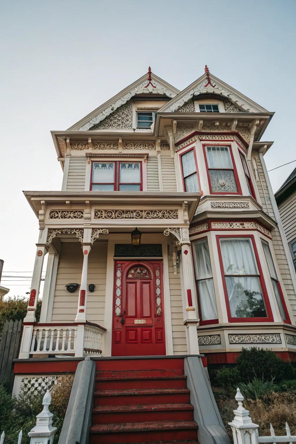 Red accents make a bold statement on Victorian architecture.