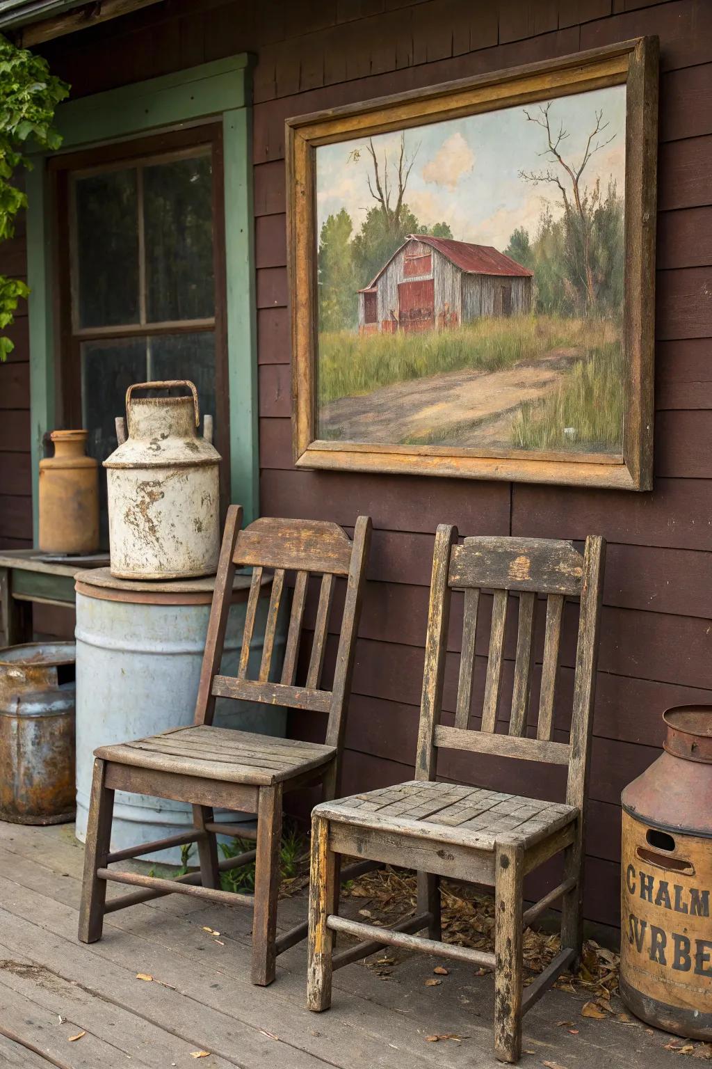 Rustic paintings add a cozy, lived-in charm.