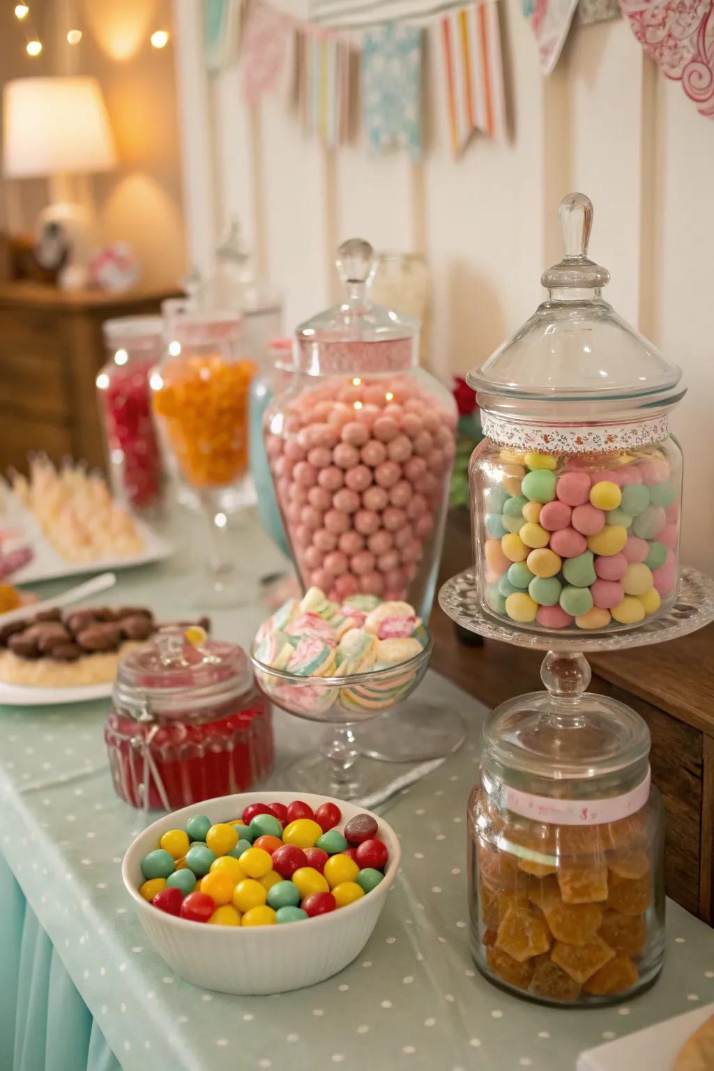 A delightful retro candy buffet that sparks nostalgia.