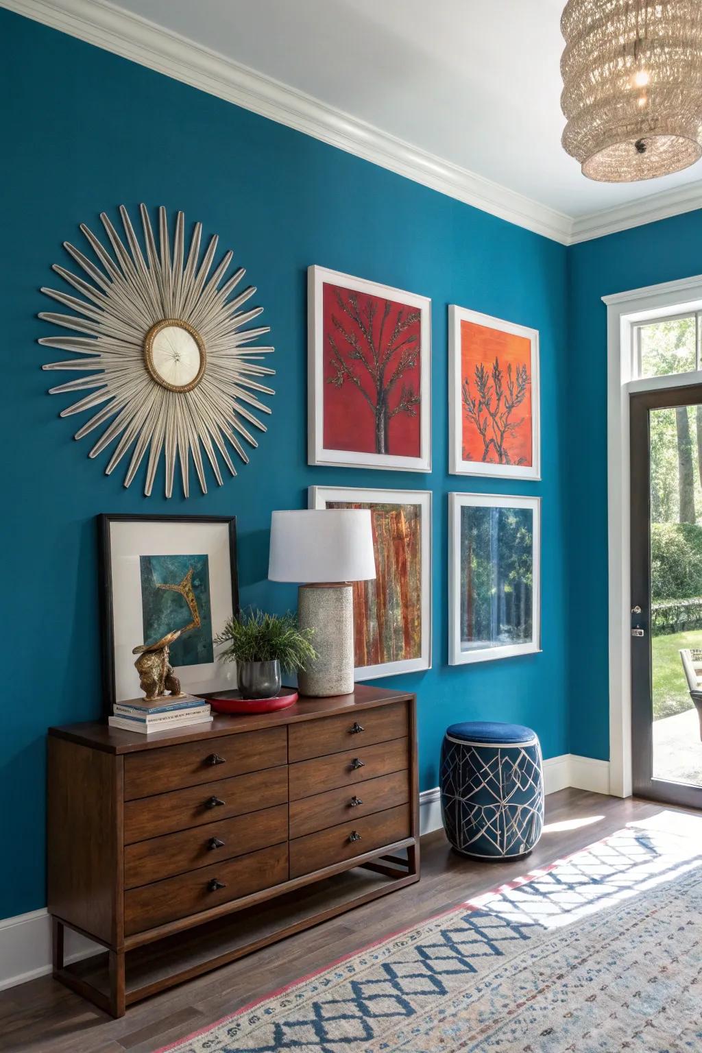 Art popping against a vibrant accent wall.