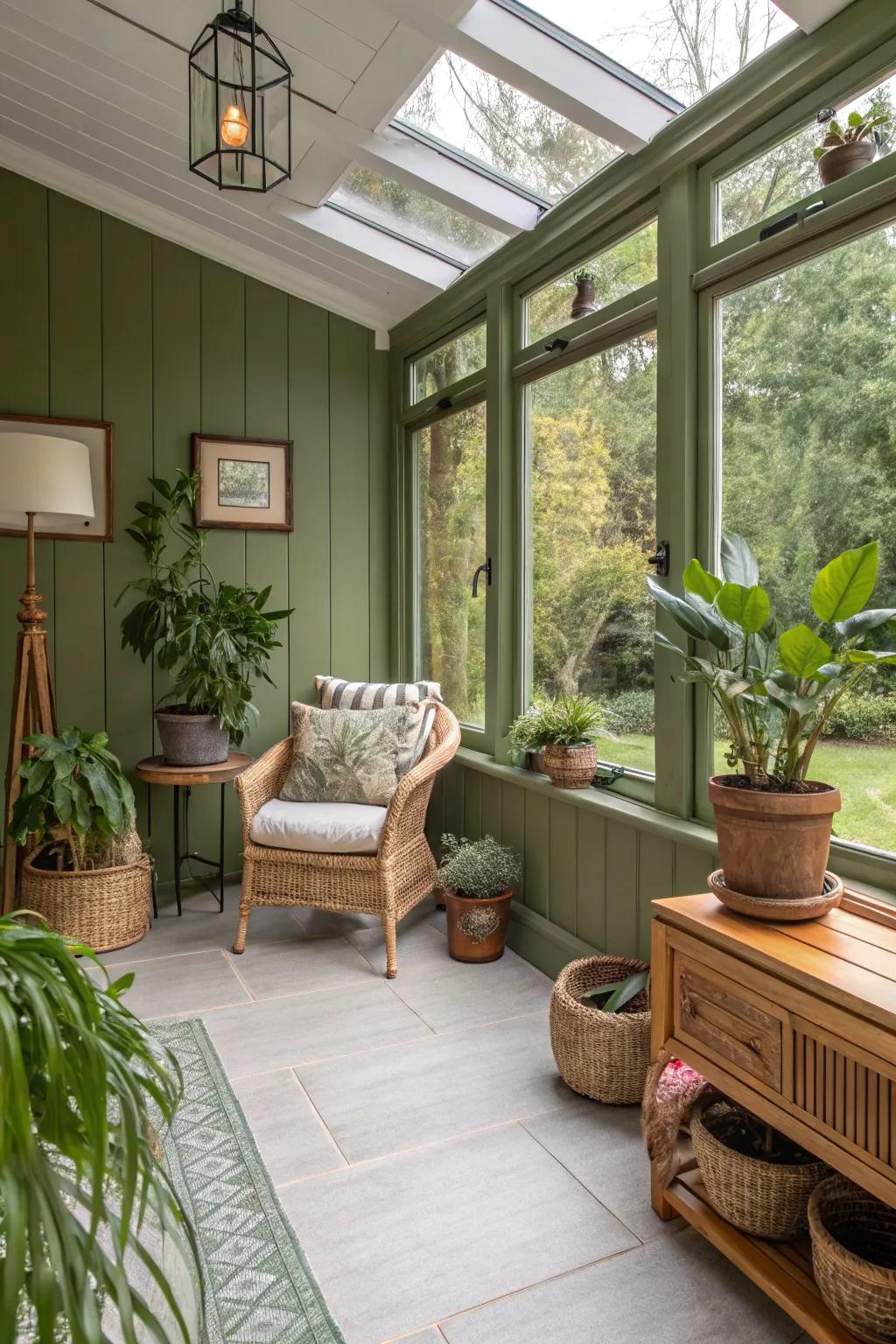 Sunroom painted in rich olive green, offering a cozy nature-inspired retreat.