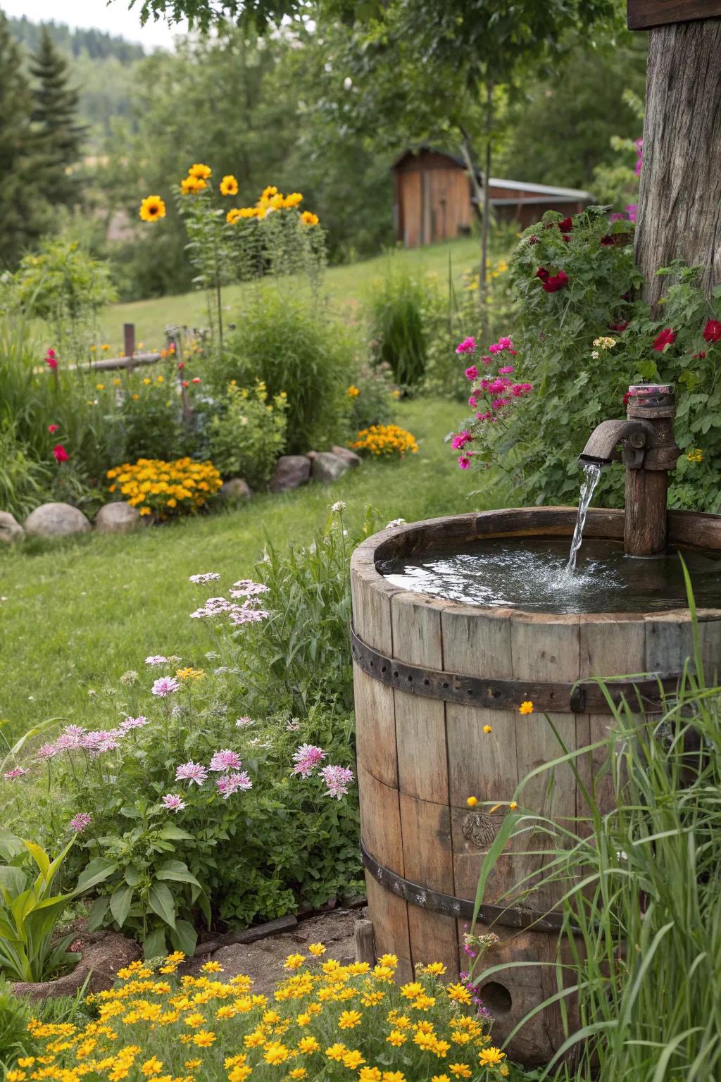 Rustic barrel fountains add a charming touch to country-style gardens.