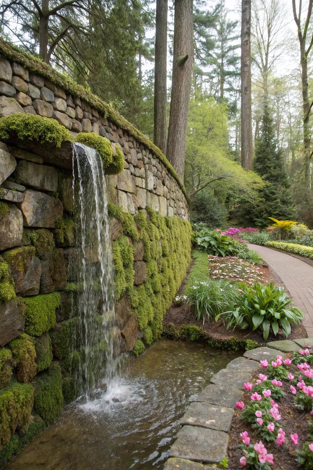 A bold garden waterfall using a decorative stone wall as its main feature.