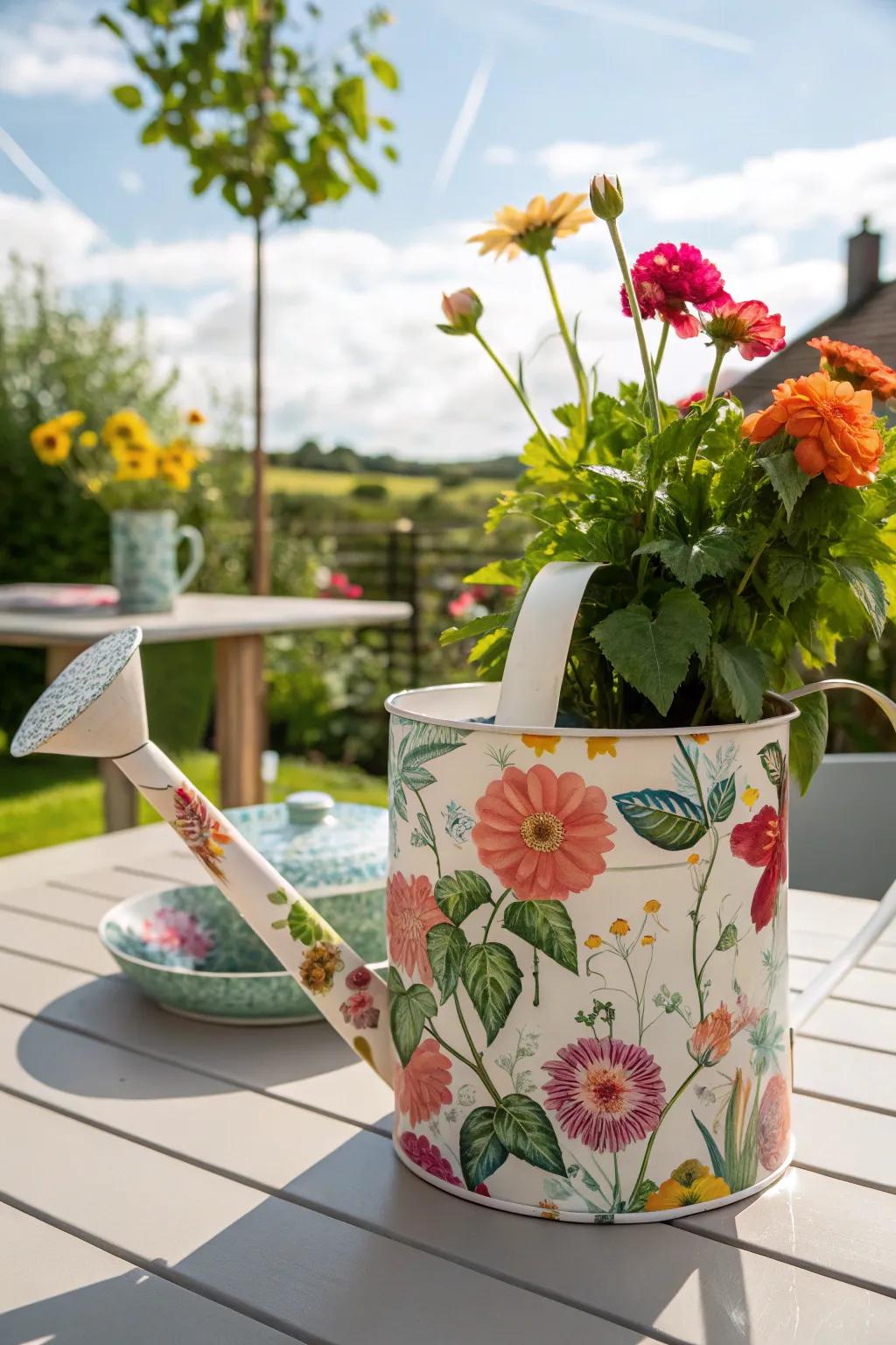 A watering can decorated with floral decoupage patterns.