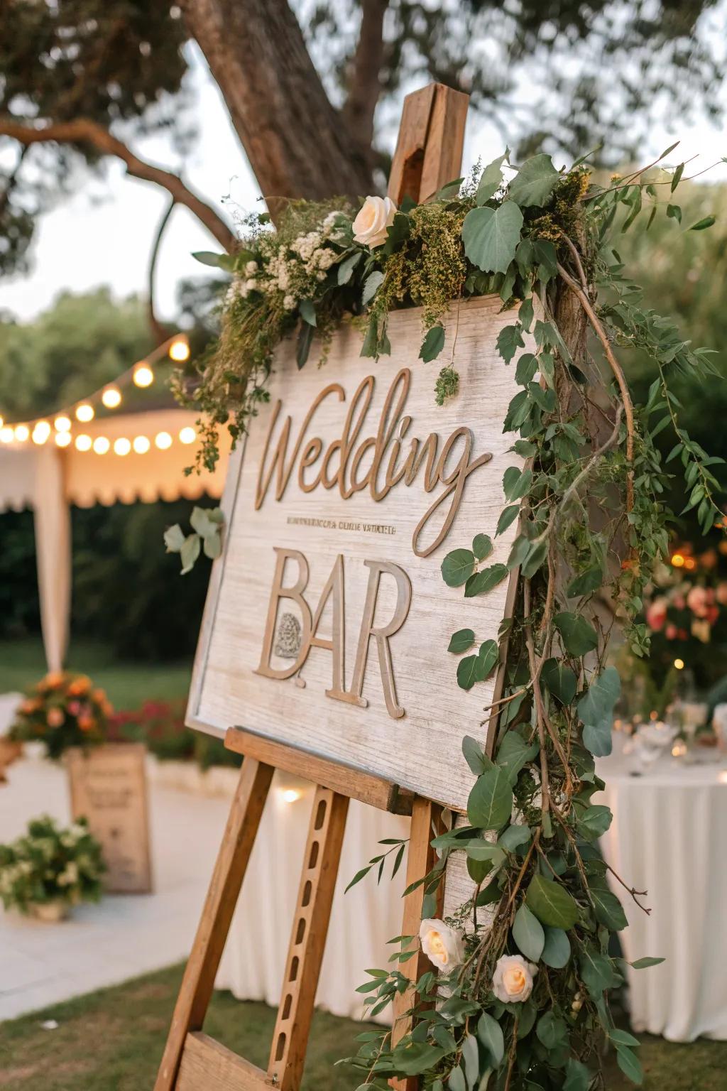 A bar sign with nature-inspired motifs for an outdoor wedding.