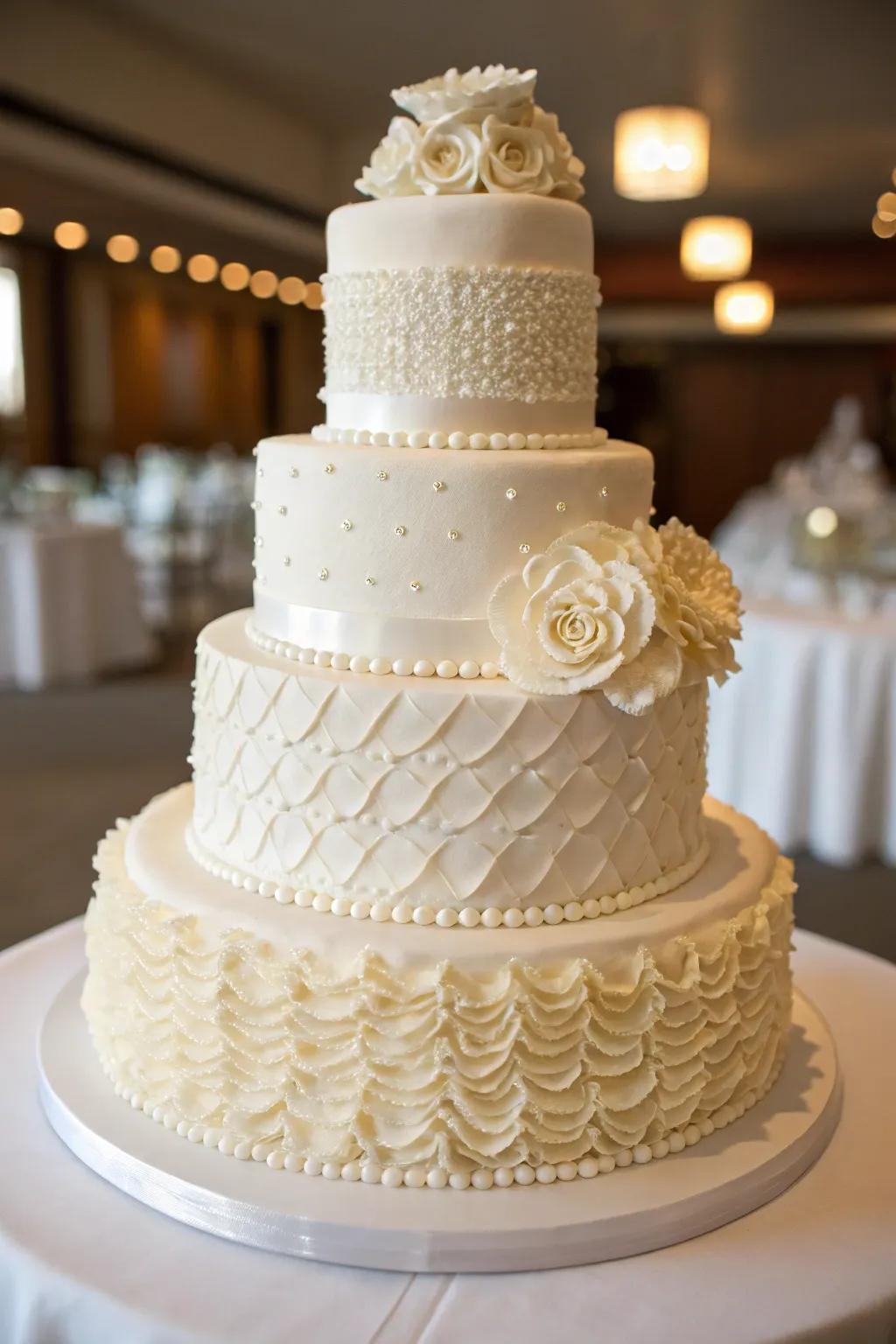 A wedding cake with textured tiers for added dimension.