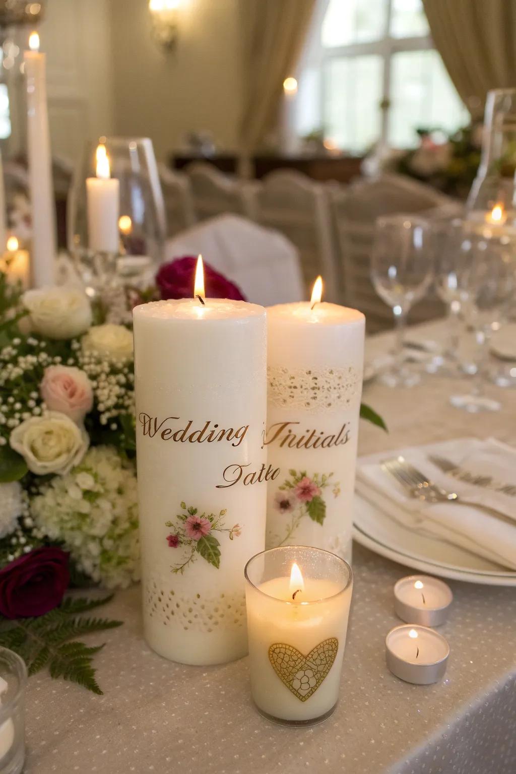 Personalized candles adding a unique touch to the decor.