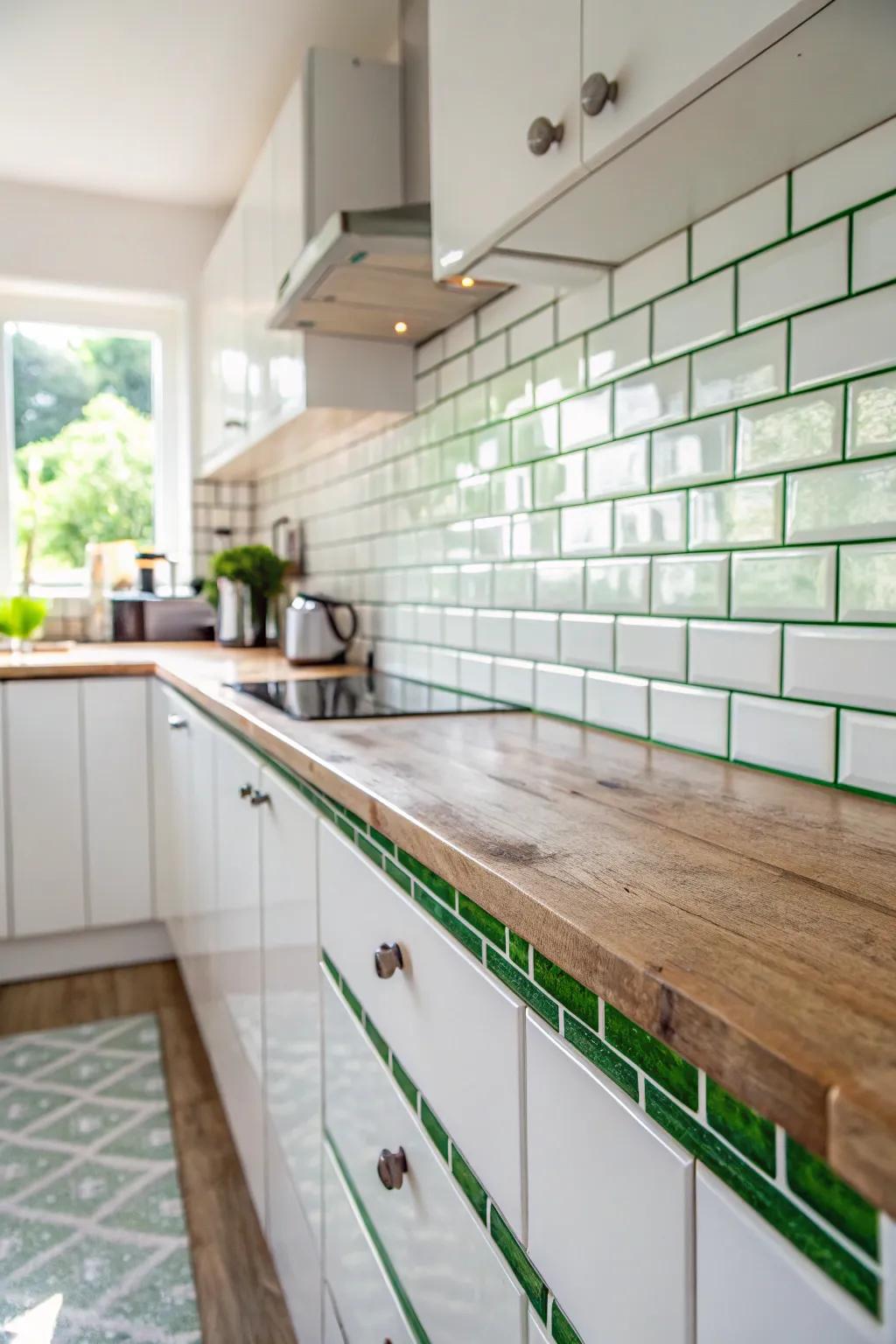 Green-tinted grout for a natural and refreshing aesthetic.