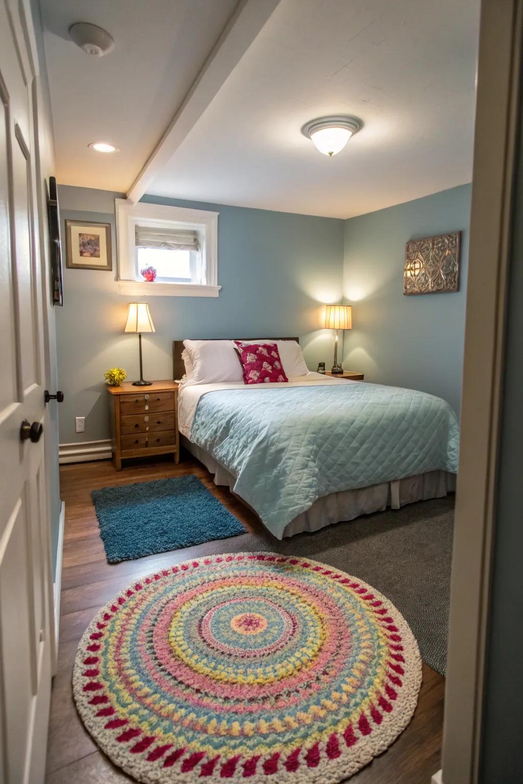 A round rug brings an eclectic and playful flair to a narrow bedroom space.