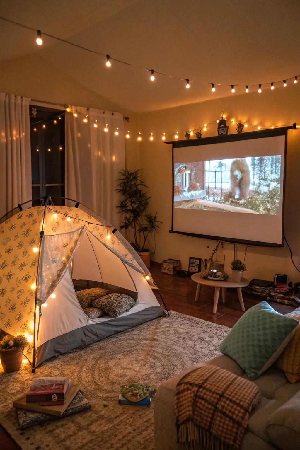 A cozy living room staycation setup for relaxation.