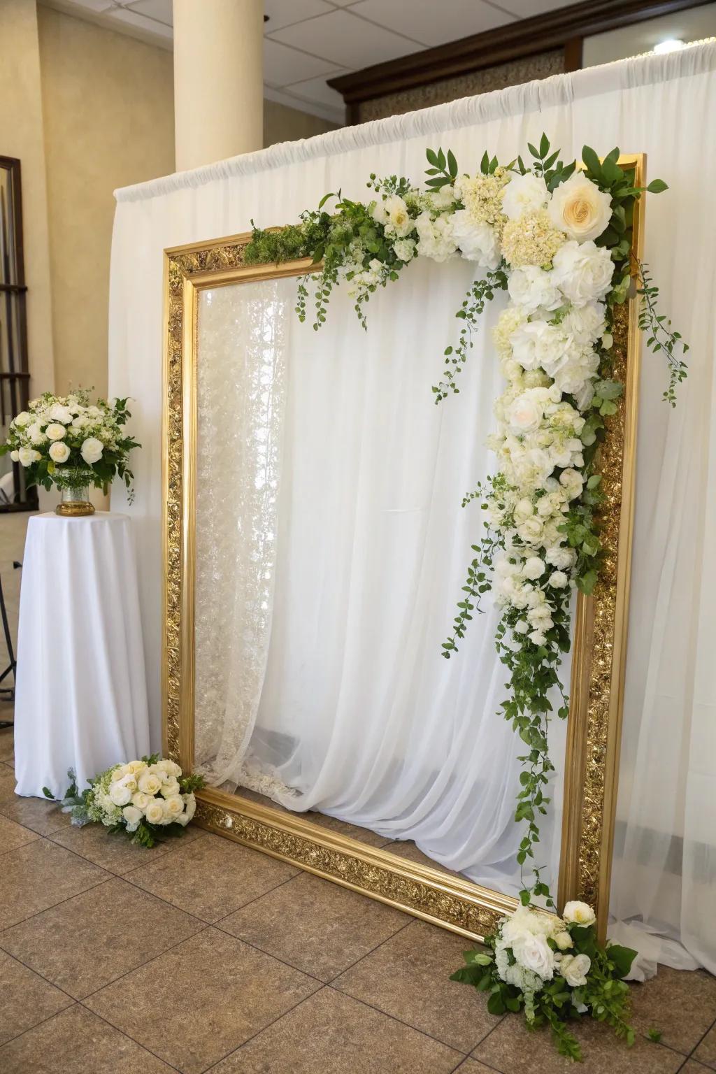 Eye-catching photo backdrop with gold and white elements.
