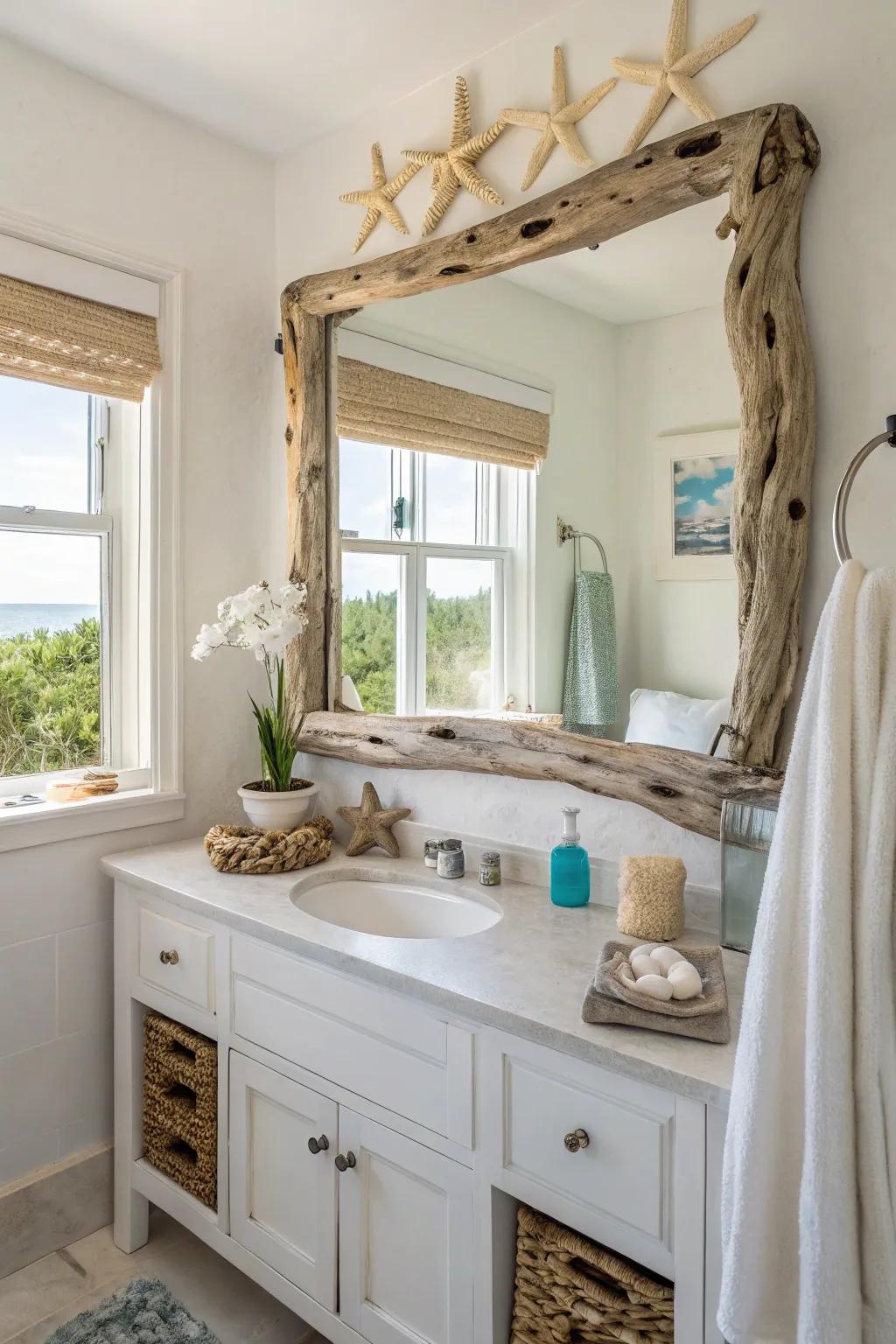 Decorative mirrors enhance the coastal look.